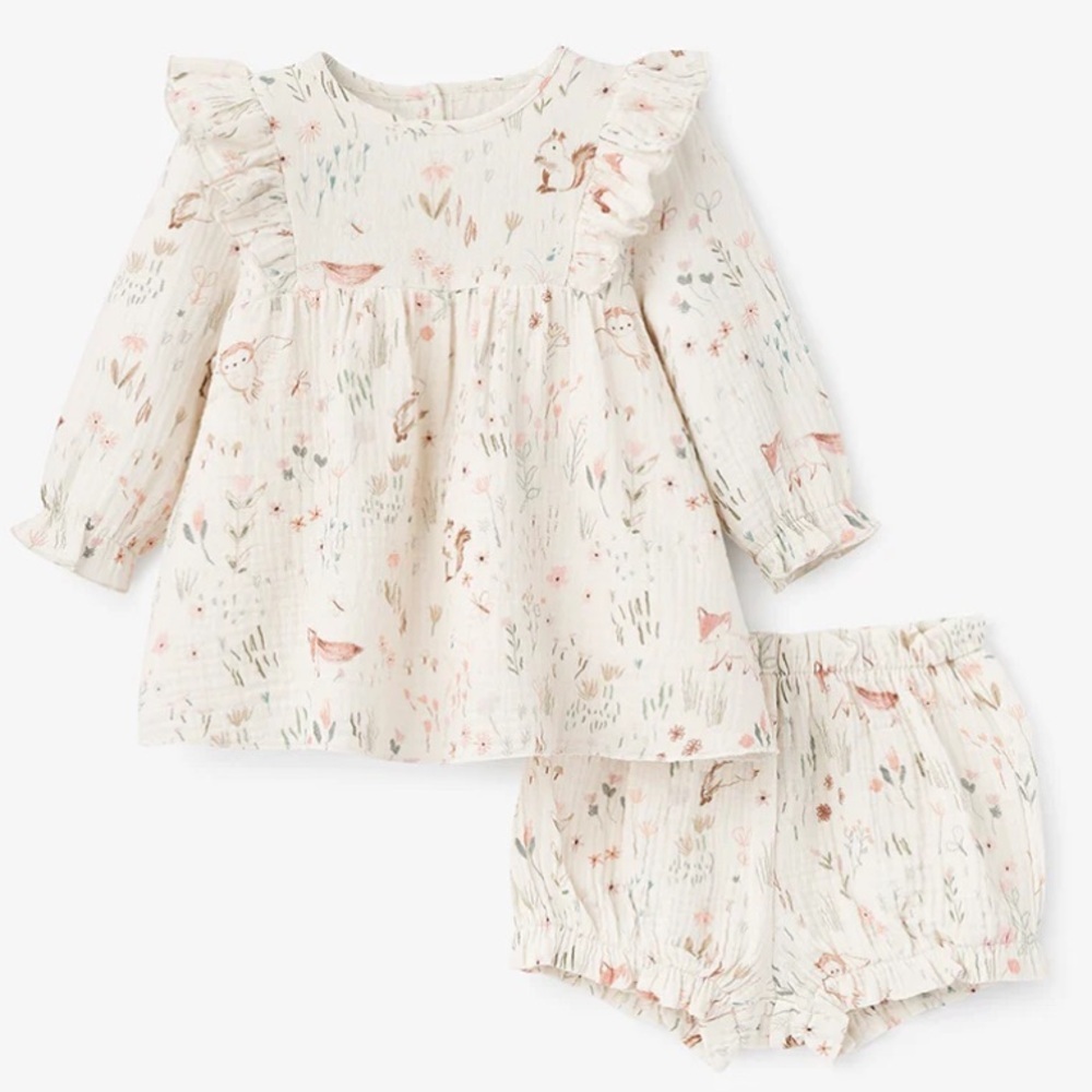 OWL PRINT FLUTTER ORGANIC MUSLIN BABY DRESS + BLOOMER